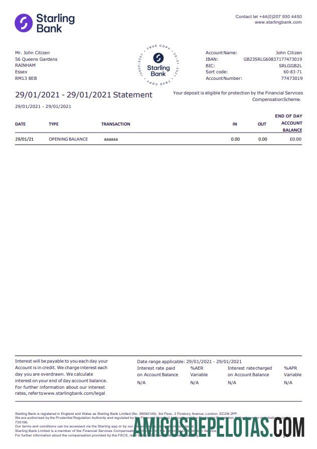 Modelo de extrato bancário Starling do Reino Unido para download em formato Word e PDF, bom para prova de endereço
